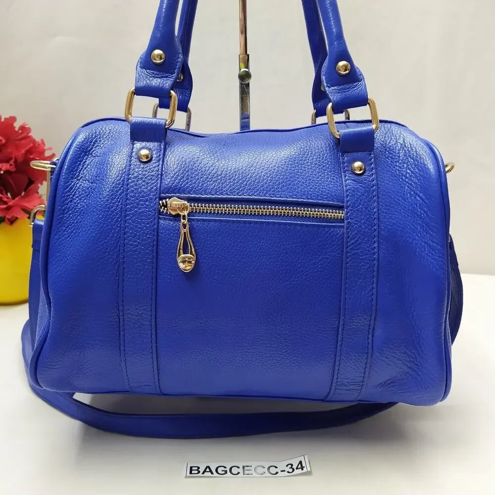Terzetto Blue Pebbled Leather Double Handle Zipper Closure Satchel Shoulder Bag